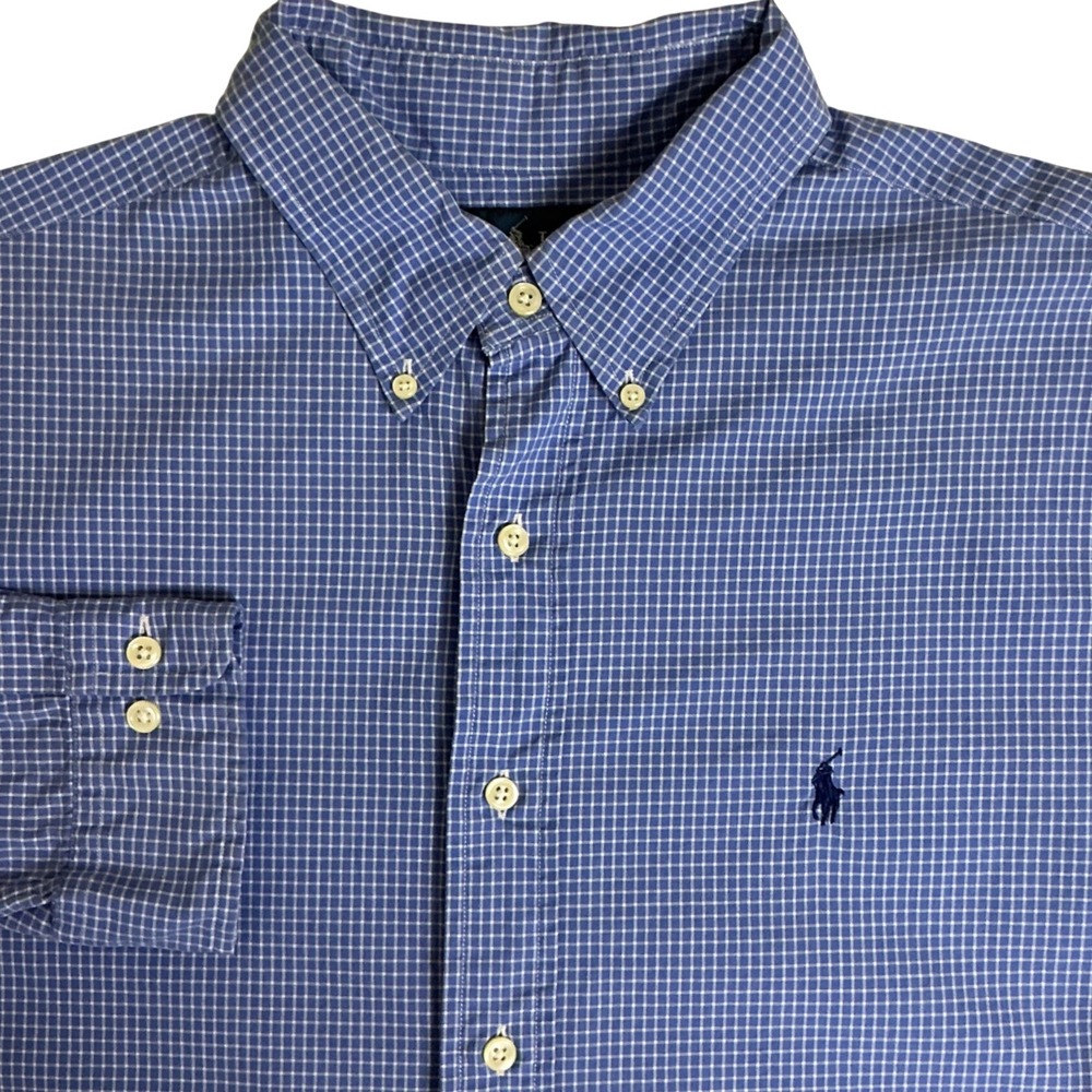 Ralph Lauren Button Down Shirt Mens 16.5 34/35 Blue Gingham Classic Fit Cotton